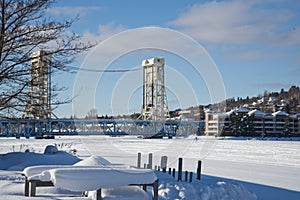 Portage Canal lift bridge in winter