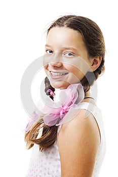 Portait of positive teenager girl in pink