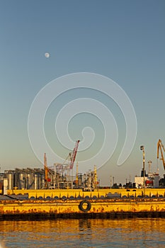 Portal cranes of port in Odessa, Black Sea. Berth moorings