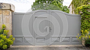 Portal old wooden vintage gray ancient house gate access car in grey wood high door