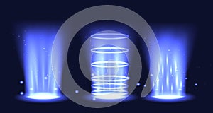 Portal set light effect hologram. Magic circle teleport podium. Ufo swirl beam and ray energy funnel photo