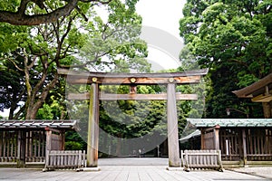 Portal of wood gate temple, Torii of Meiji Jingu Shrine in Central Tokyo (Shibuya), Japan. Meiji Jingu Shrin is the Shinto shrine
