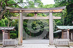 Portal of wood gate temple, Torii of Meiji Jingu Shrine in Central Tokyo (Shibuya), Japan. Meiji Jingu Shrin is the Shinto shrine