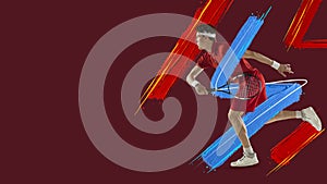 Portarit of Caucasian man, professional tennis player isolated on dark red background. Flyer