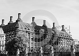 Portcullis House in London, black and white photo