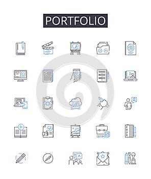 Portfolio line icons collection. Collection, Compilation, Anthology, Assortment, Array, Grouping, Stockpile vector and