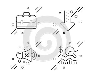 Portfolio, Low percent and Sale megaphone icons set. Check investment sign. Business case, Discount, Shopping. Vector