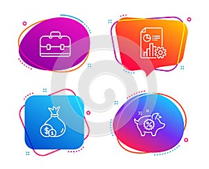 Portfolio, Report and Cash icons set. Piggy sale sign. Business case, Presentation document, Banking currency. Vector
