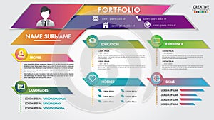 Portfolio resume infographics profile present template modern design with icons user interface kit for business, presentations