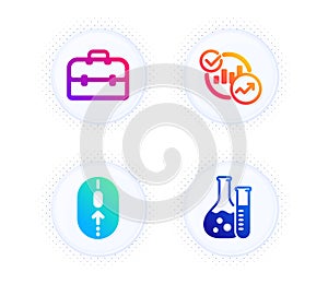 Portfolio, Statistics and Swipe up icons set. Chemistry lab sign. Business case, Report charts, Scrolling page. Vector