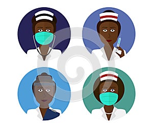 Four black woman nurse with accessories, african american nursevector set.