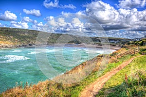 Porthcothan Bay Cornwall England UK Cornish north coast between Newquay and Padstow in colourful HDR