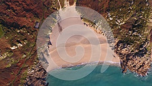 Porthcurno, Cornwall Sandy Beach and Atlantic ocean from above