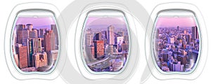 Porthole frame on Osaka skyline