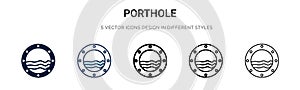 Porthole icon in filled, thin line, outline and stroke style. Vector illustration of two colored and black porthole vector icons