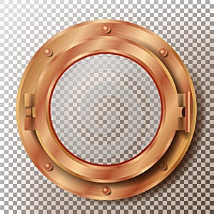 Porthole Vector. Round Brass, Bronze, Copper Window With Rivets. Bathyscaphe Ship Metal Frame Design Element. For