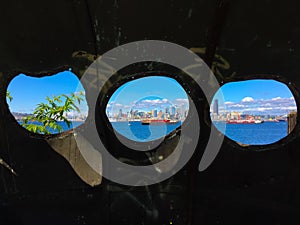Seattle skyline viewed through Portholes