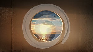 Porthole view from ship at sunset