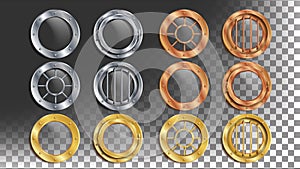 Portholes Set Vector. Round Metal Window With Rivets. Bathyscaphe Ship Frame Design Element, Rocket, Battleship