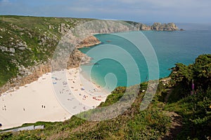 Porthucrno sandy beach and summer in the cornwall, UK