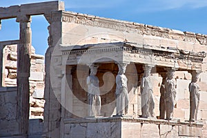 The Portico of the Caryatids at the Erechtheum an ancient Greek temple on the north side of the Acropolis of Athens, Attica,