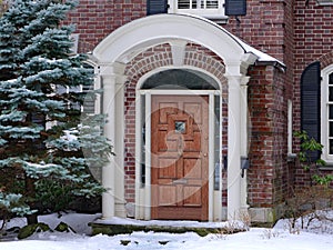 Portico entrance of brick house