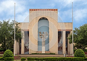 Portico of Mexico Hall of Varied Industries along the Esplanade in Fair Park in Dallas, Texas.