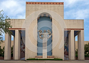 Portico of Mexico Hall of Varied Industries along the Esplanade in Fair Park in Dallas, Texas.