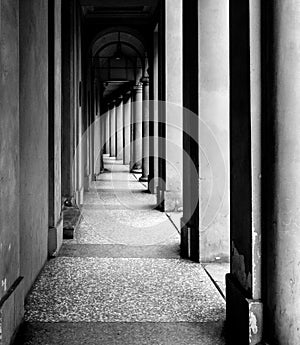 Portico, sheltered walkway, in Bologna with its almost 40 kilometres of porticos. Bologna is a unique city in the world