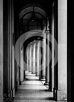 Portico, sheltered walkway, in Bologna with its almost 40 kilometres of porticos. Bologna is a unique city in the world