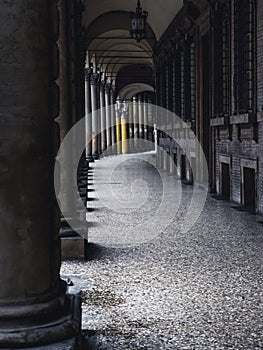 Portico, sheltered walkway, in Bologna with its almost 40 kilometres of porticos. Bologna is a unique city in the world