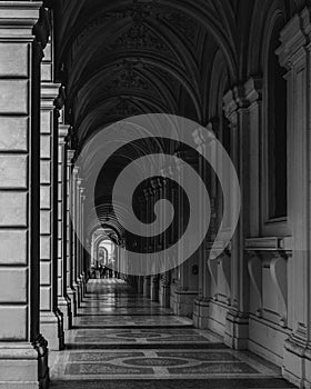 Portico, sheltered walkway, in Bologna with its almost 40 kilometres of porticos. Bologna is a unique city in the world