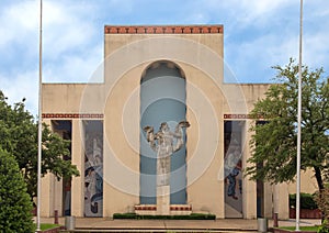 Portico of the United States Hall of Varied Industries along the Esplanade in Fair Park in Dallas, Texas.