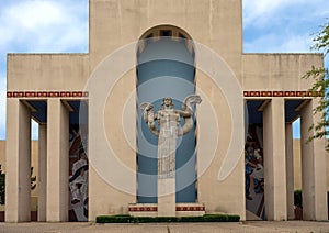 Portico of the United States Hall of Varied Industries along the Esplanade in Fair Park in Dallas, Texas.