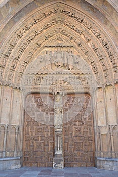 Portico, west facade, Last Judgment and White Virgin, LeÃ³n Cathedral, Spain.
