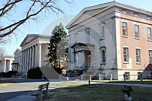 Porticos and columns of the 19th century historic buildings at the Snug Harbor, Staten Island