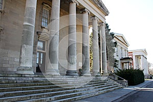 Porticos and columns of the 19th century historic buildings at the Snug Harbor, Staten Island, NY