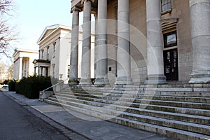 Porticos and columns of the 19th century historic buildings at the Snug Harbor, Staten Island, NY