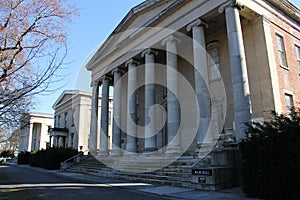 Porticos and columns of the 19th century historic buildings at the Snug Harbor, Staten Island