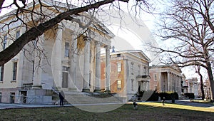Porticos and columns of the 19th century historic buildings at the Snug Harbor, Staten Island