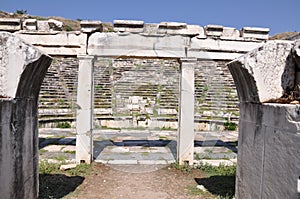 Porticus post scaenam and Pulpitum of RomanCavea from Porticus post scaenam of Roman Theatre, Aphrodisias, Turkey