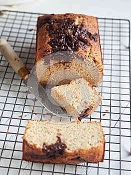 portion of banana bread with chocolate