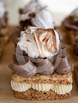 Portion cakes of meringue and cocoa butter cream in square form on a wooden stand, a piece of cake on a light wooden background.