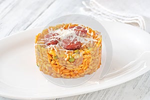 Portion of chorizo risotto