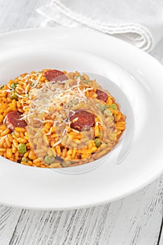 Portion of chorizo risotto