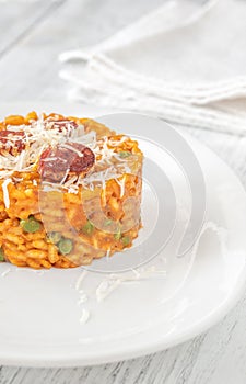 Portion of chorizo risotto