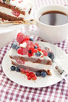 Portion of creamy chocolate cake decorated with fresh berries