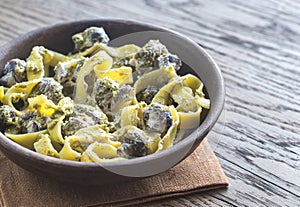 Portion of creamy mushroom pasta with pesto