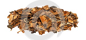 Portion of cut cherry tree bark on a white background