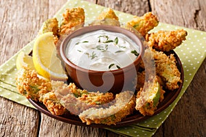 Portion of deep-fried golden avocado in breading with sauce and photo